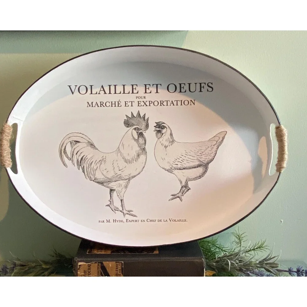 Serving Tray designed with Rooster and Hen metal. 17” X 12” Oval. White and Blac